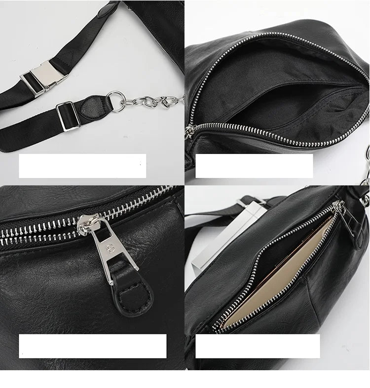 Sac banane femme en similicuir noir, sangle à maillons