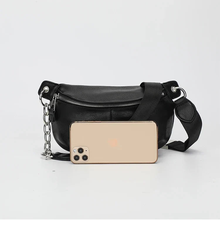 Sac banane femme en similicuir noir, sangle à maillons