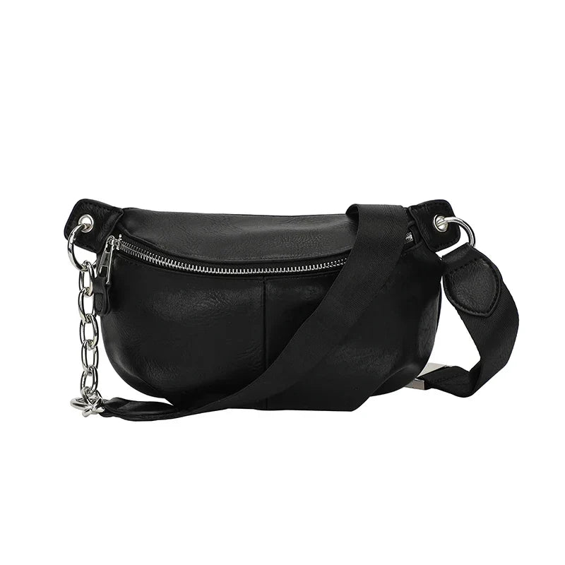 Sac banane femme en similicuir noir, sangle à maillons, noir