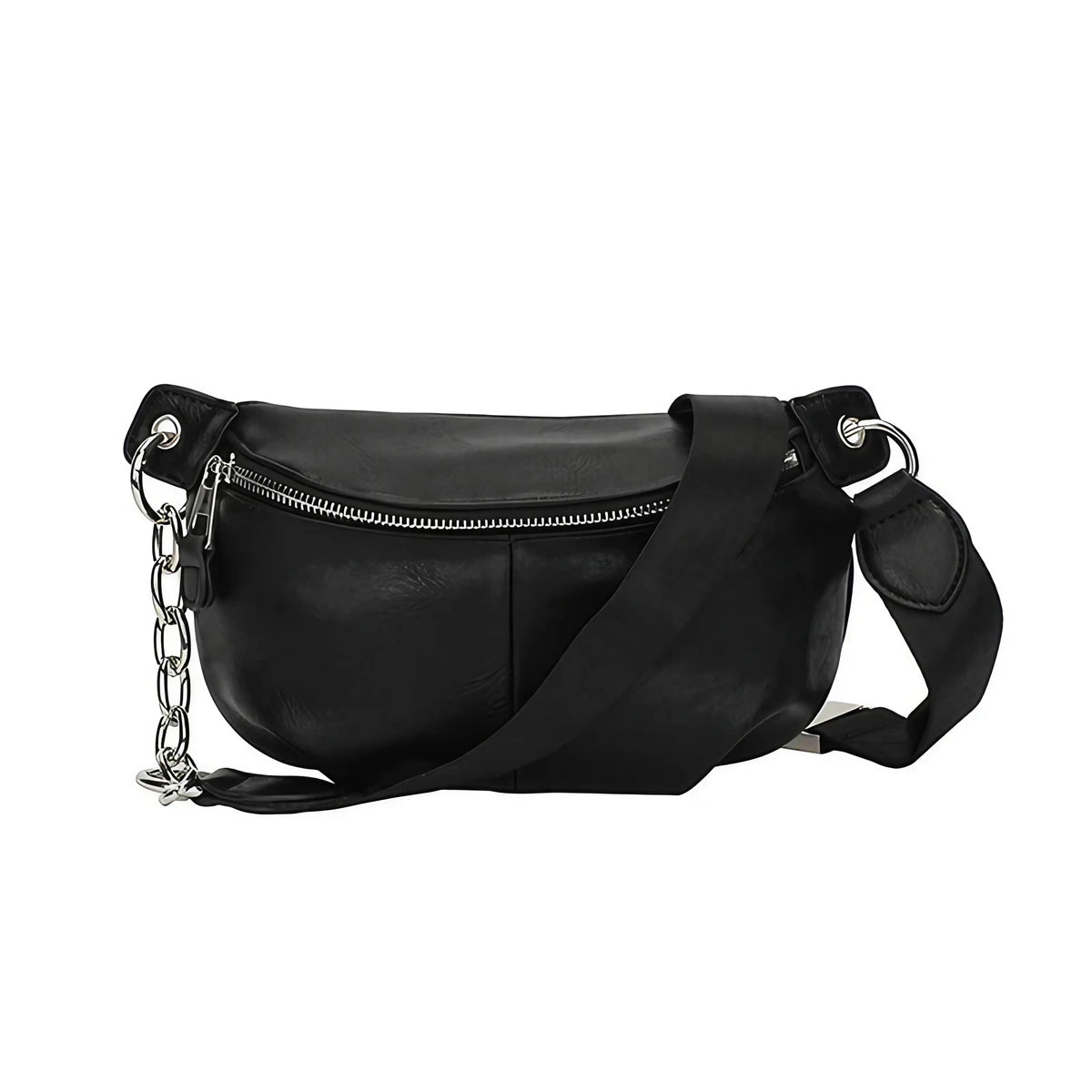 Sac banane femme en similicuir noir, sangle à maillons, noir