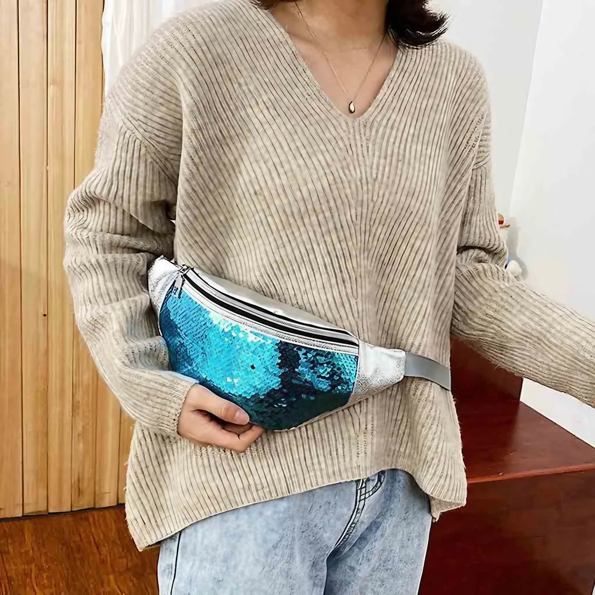 Sac banane femme à sequins, similicuir, argenté ou bleu