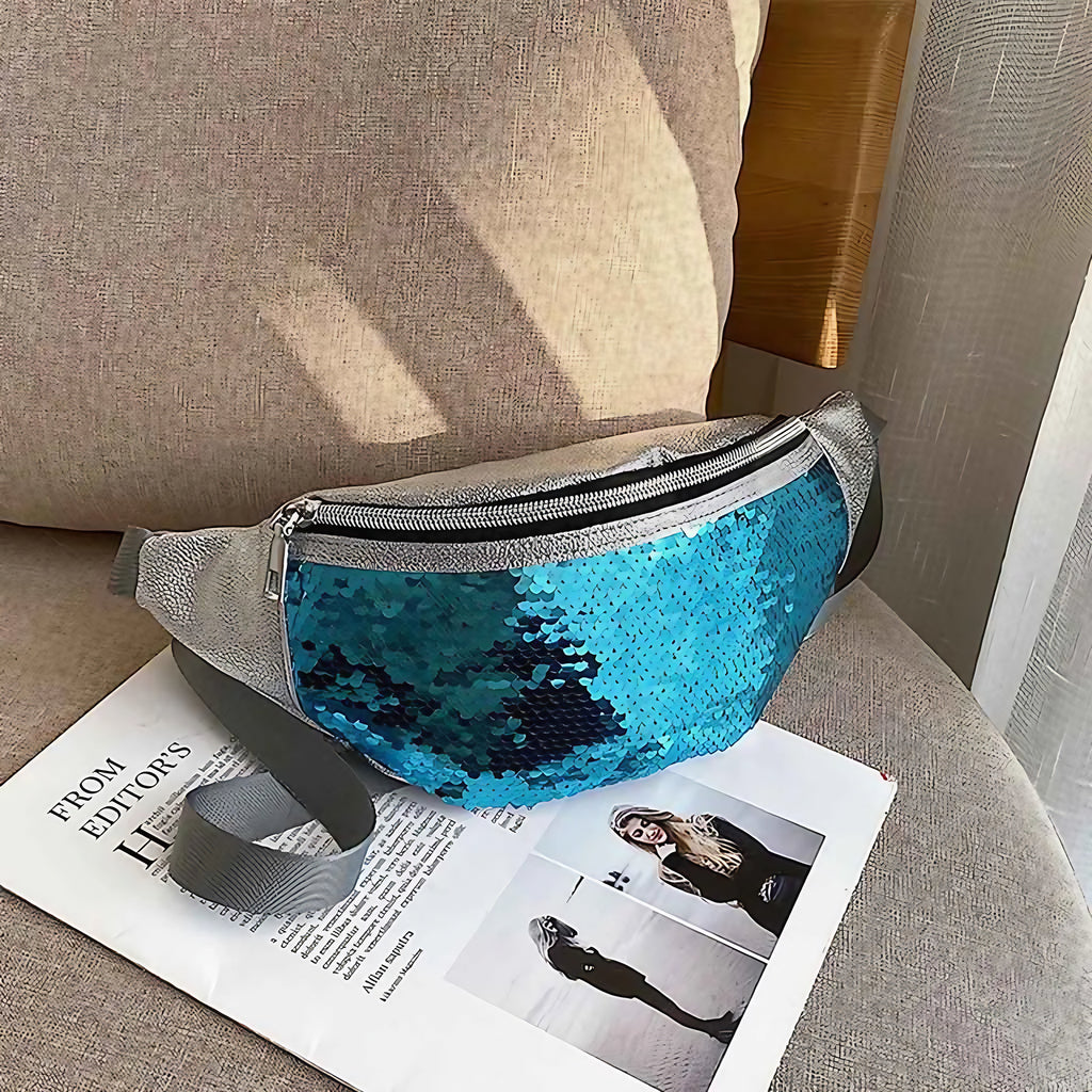 Sac banane femme à sequins, similicuir, argenté ou bleu, bleu