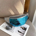 Sac banane femme à sequins, similicuir, argenté ou bleu, bleu