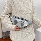 Sac banane femme à sequins, similicuir, argenté ou bleu