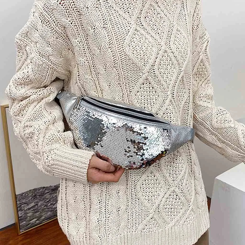 Sac banane femme à sequins, similicuir, argenté ou bleu