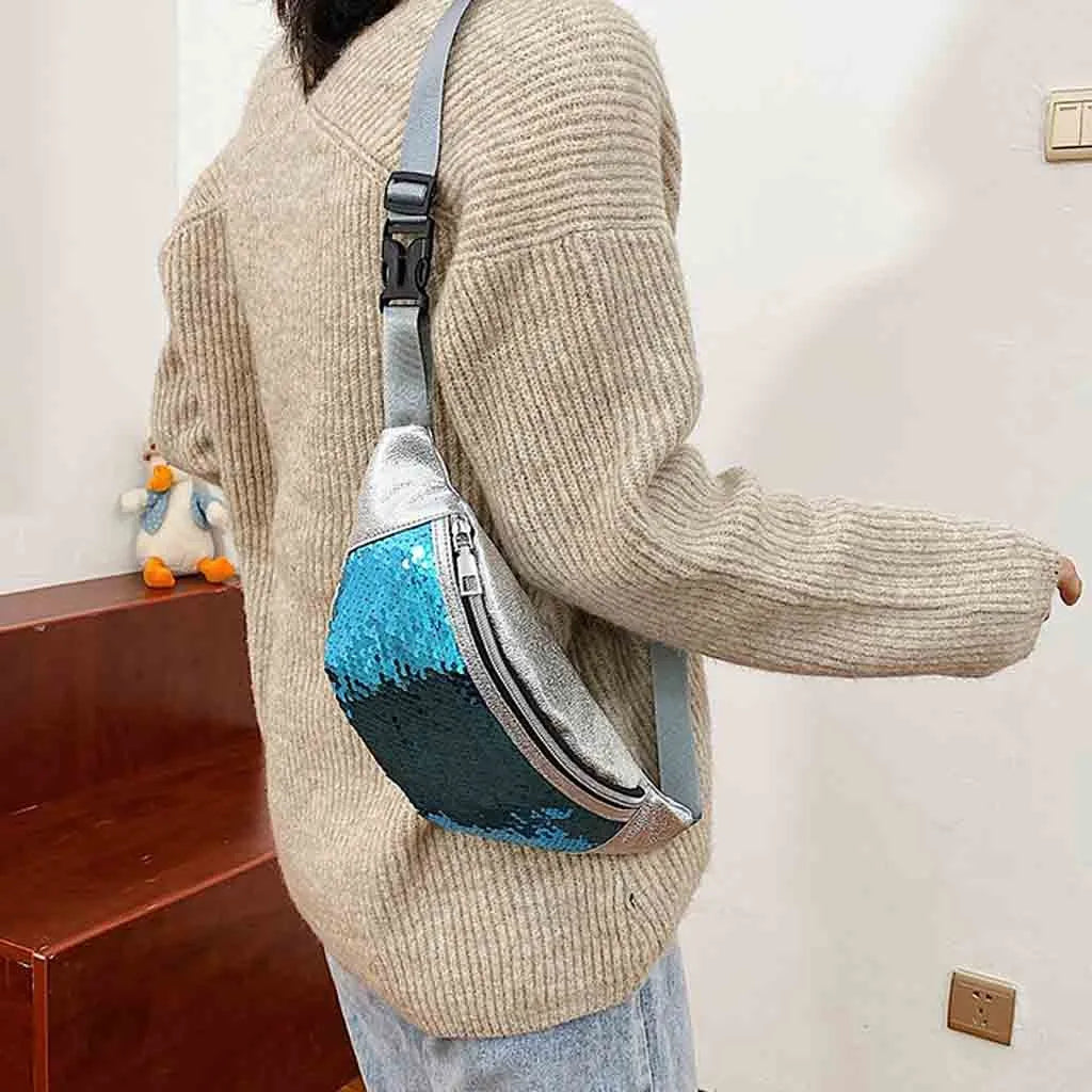 Sac banane femme à sequins, similicuir, argenté ou bleu