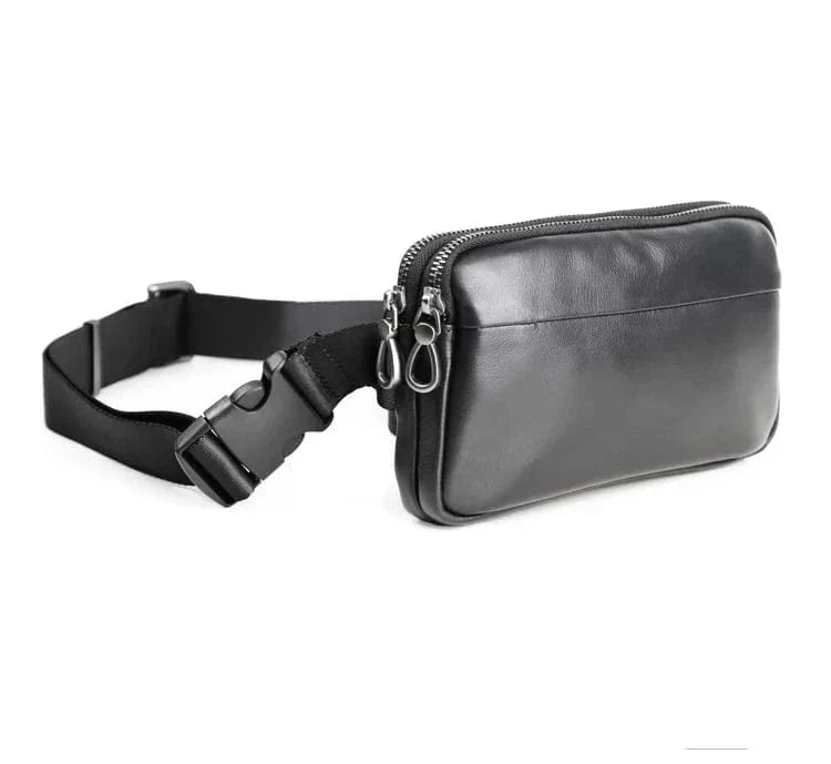 Sac banane homme en cuir noir à compartiments, porté main ou taille