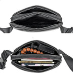 Sac banane homme en cuir noir à compartiments, porté main ou taille