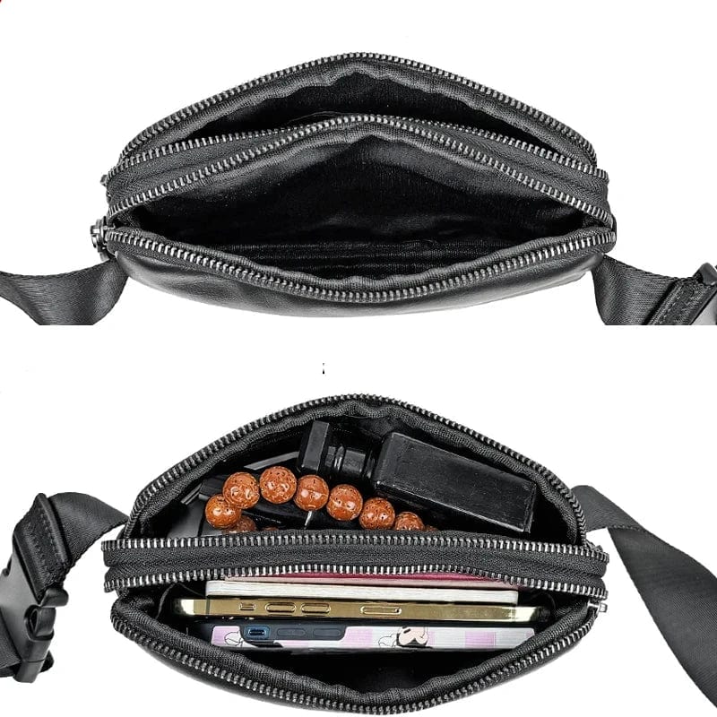 Sac banane homme en cuir noir à compartiments, porté main ou taille