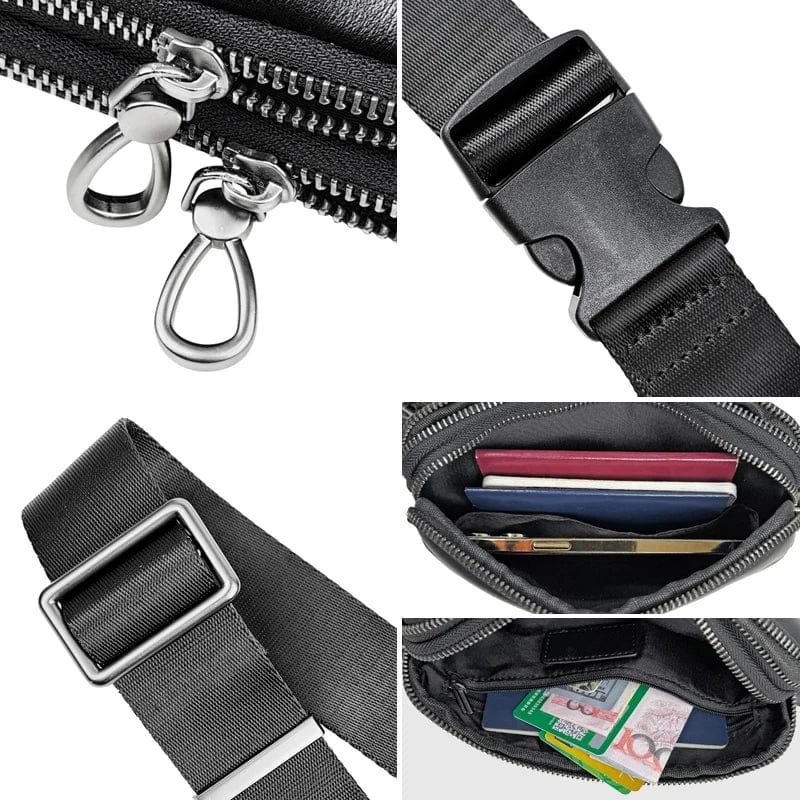 Sac banane homme en cuir noir à compartiments, porté main ou taille