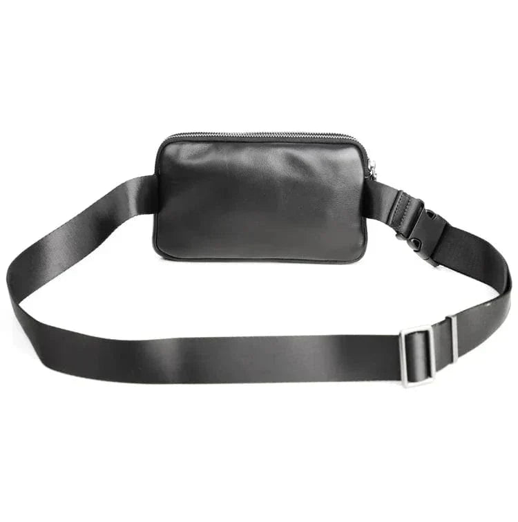 Sac banane homme en cuir noir à compartiments, porté main ou taille