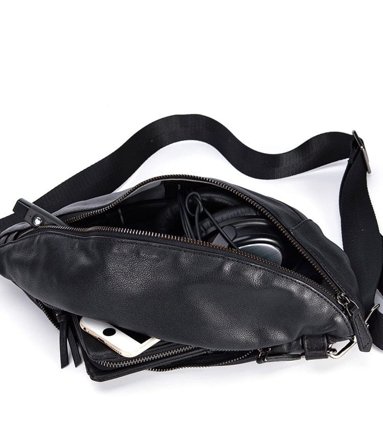 Sac banane homme en cuir noir, 36 cm, plusieurs compartiments