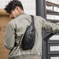 Sac banane homme en cuir noir, 36 cm, plusieurs compartiments, noir