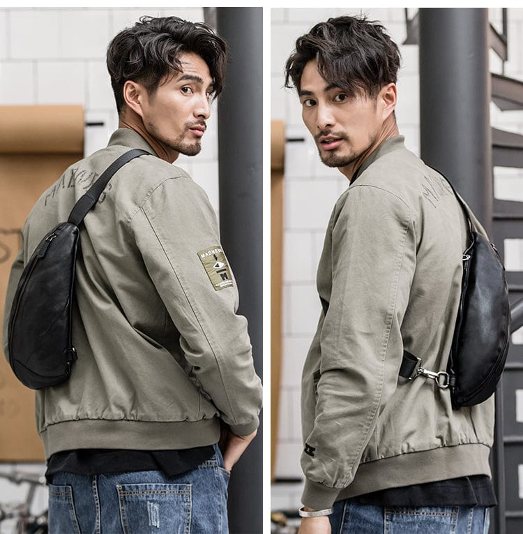 Sac banane homme en cuir noir, 36 cm, plusieurs compartiments