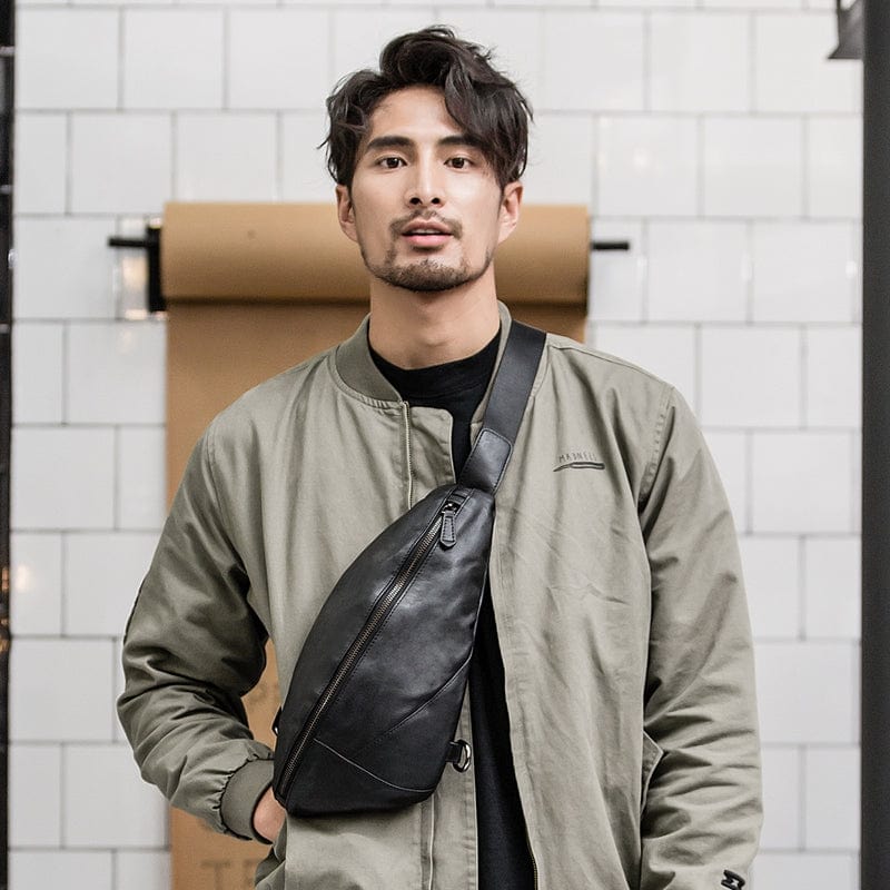 Sac banane homme en cuir noir, 36 cm, plusieurs compartiments