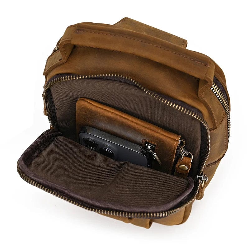 Sac banane homme en cuir à compartiments, café foncé ou marron