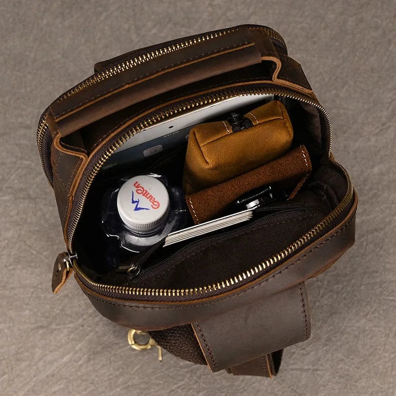 Sac banane homme en cuir à compartiments, café foncé ou marron