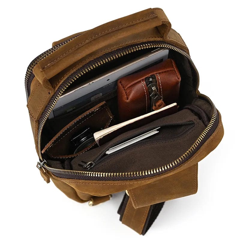 Sac banane homme en cuir à compartiments, café foncé ou marron