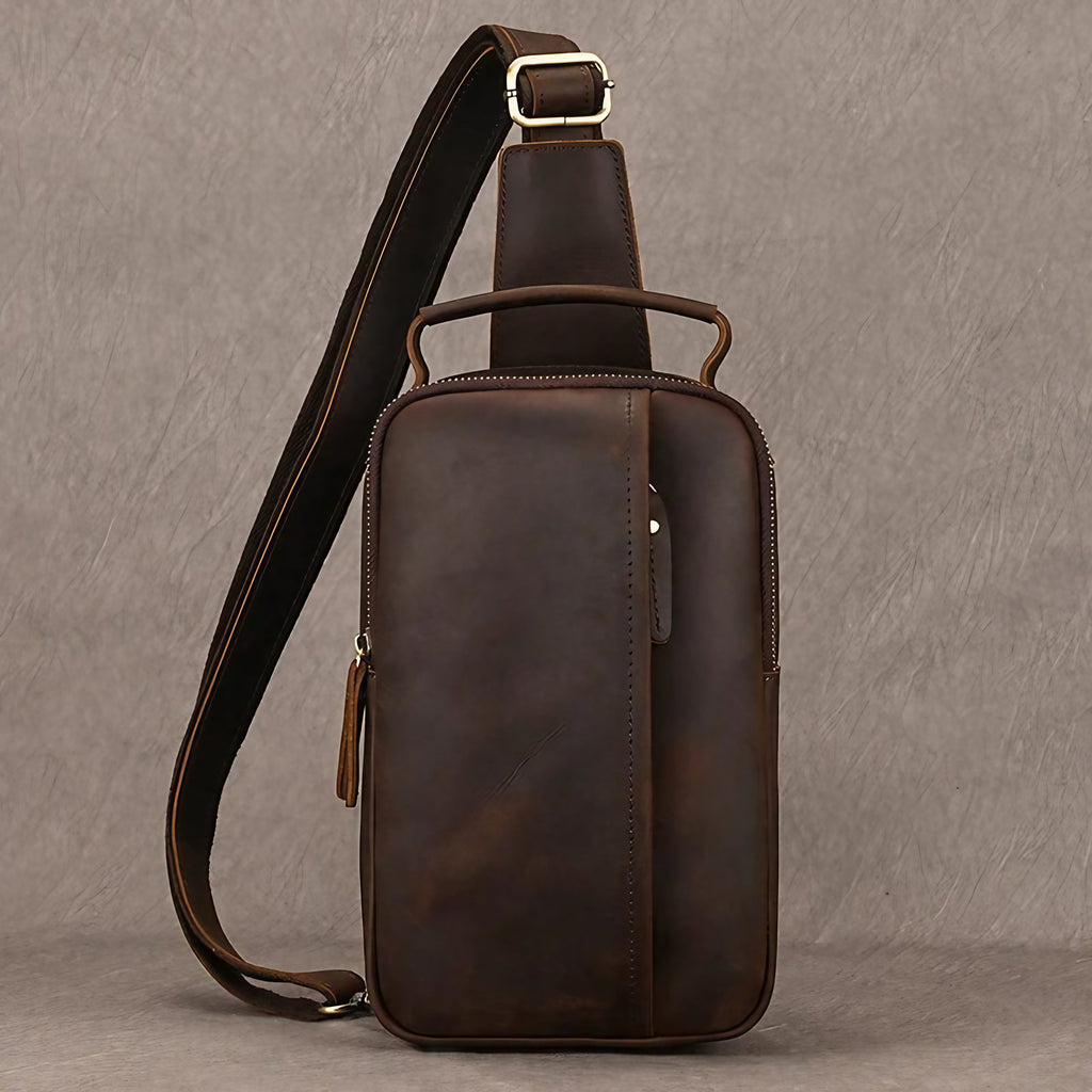 Sac banane homme en cuir à compartiments, café foncé ou marron, café foncé