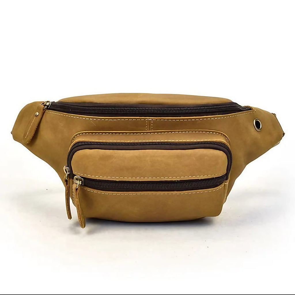 Sac banane homme en cuir multipoches, 30 x 13 x 8 cm, marron