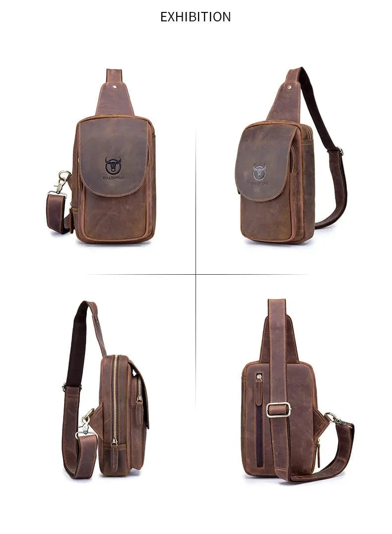 Sac banane homme en cuir marron, poche téléphone et zip