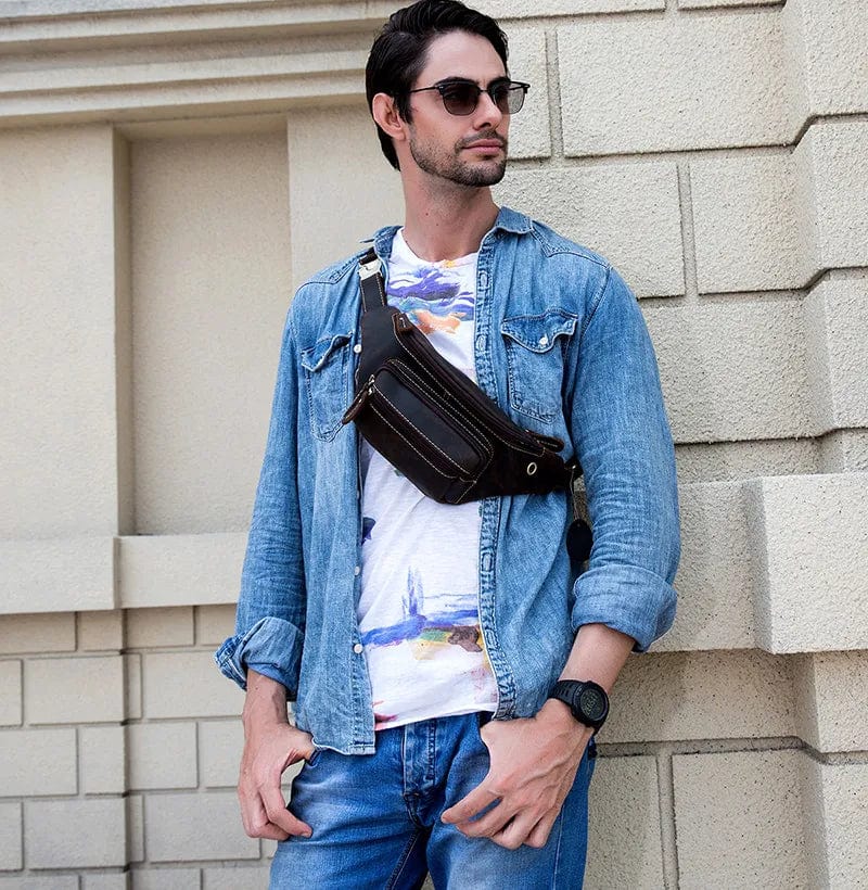 Sac banane homme en cuir multipoches, 30 x 13 x 8 cm