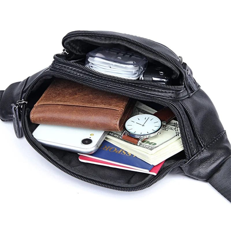 Sac banane homme en cuir multipoches, 30 x 13 x 8 cm