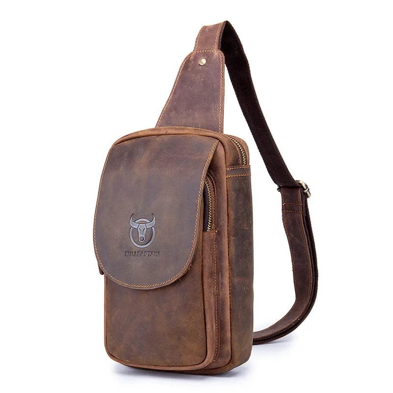 Sac banane homme en cuir marron, poche téléphone et zip, marron