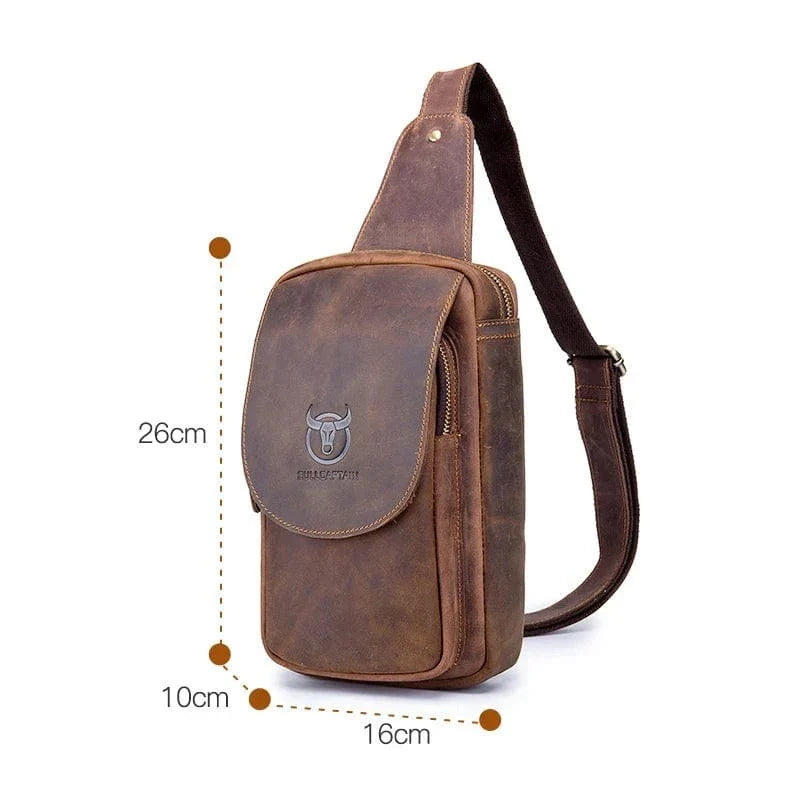 Sac banane homme en cuir marron, poche téléphone et zip