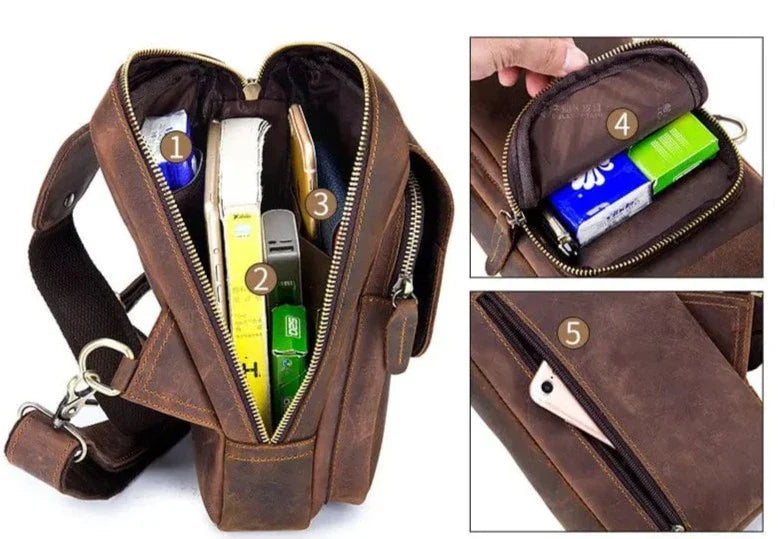 Sac banane homme en cuir marron, poche téléphone et zip