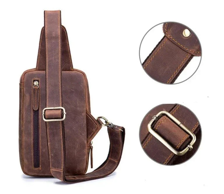 Sac banane homme en cuir marron, poche téléphone et zip