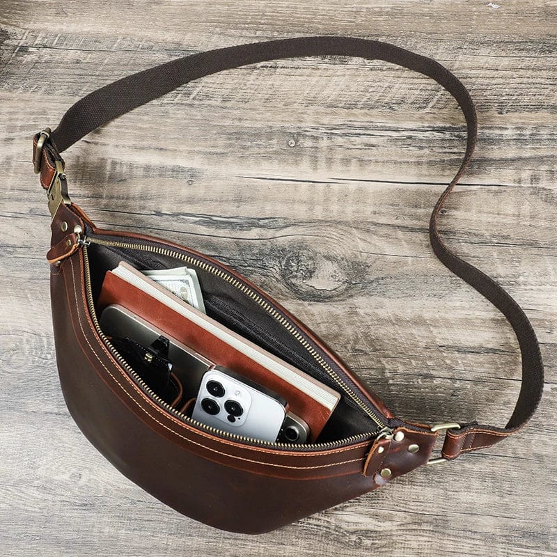 Sac banane homme en cuir, 30 x 15 x 9 cm, noir ou café