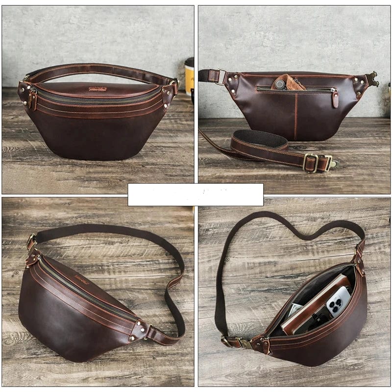Sac banane homme en cuir, 30 x 15 x 9 cm, noir ou café