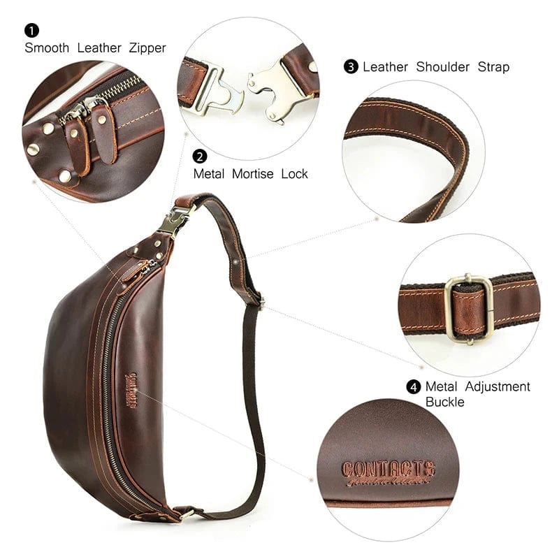 Sac banane homme en cuir, 30 x 15 x 9 cm, noir ou café