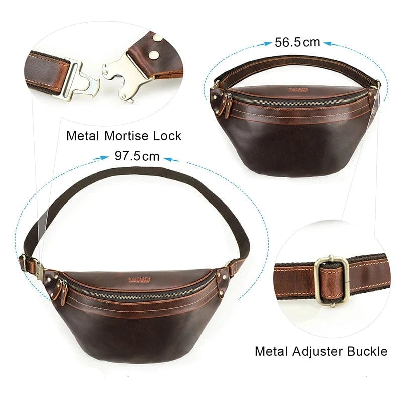 Sac banane homme en cuir, 30 x 15 x 9 cm, noir ou café
