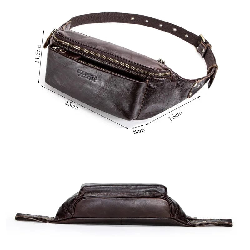 Sac banane homme en cuir café, forme oreiller, bandoulière 115 cm