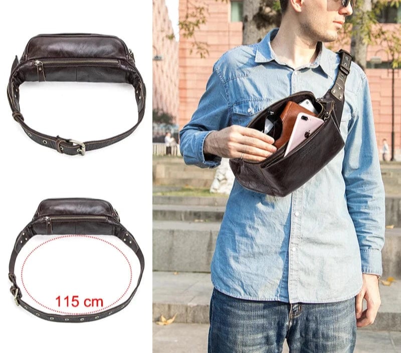 Sac banane homme en cuir café, forme oreiller, bandoulière 115 cm