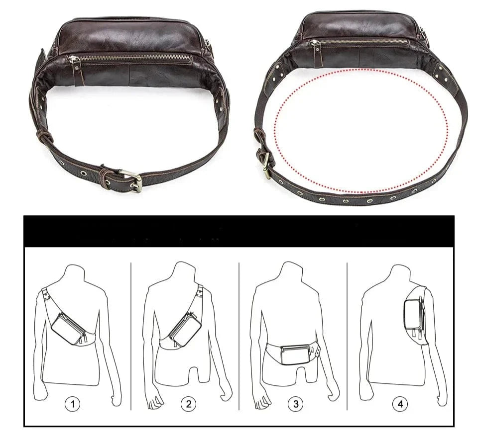 Sac banane homme en cuir café, forme oreiller, bandoulière 115 cm
