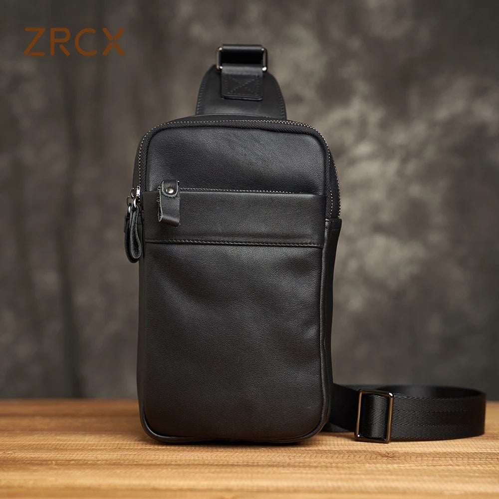 Sac banane homme en cuir noir, trois poches, allure rétro