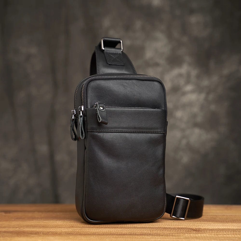 Sac banane homme en cuir noir, trois poches, allure rétro