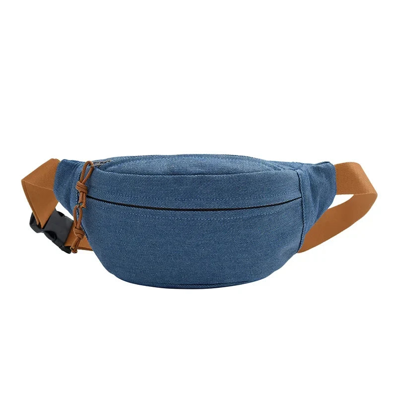 Sac banane en jean mixte, trois poches zippées, bleu foncé