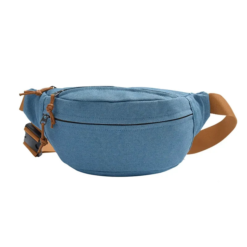 Sac banane en jean mixte, trois poches zippées, bleu clair