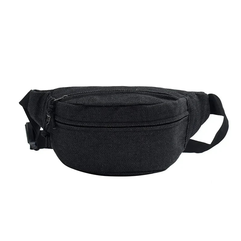 Sac banane en jean mixte, trois poches zippées, noir