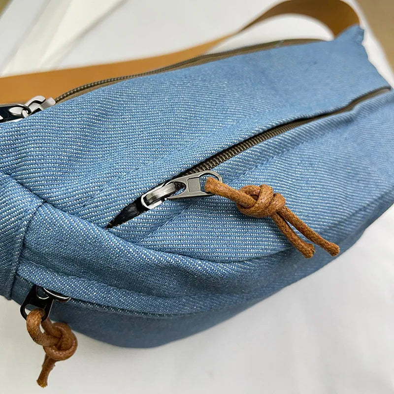 Sac banane en jean mixte, trois poches zippées