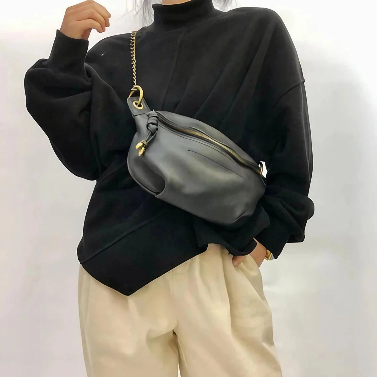 Sac banane femme noir en cuir, 30 x 20 cm, sangle réglable