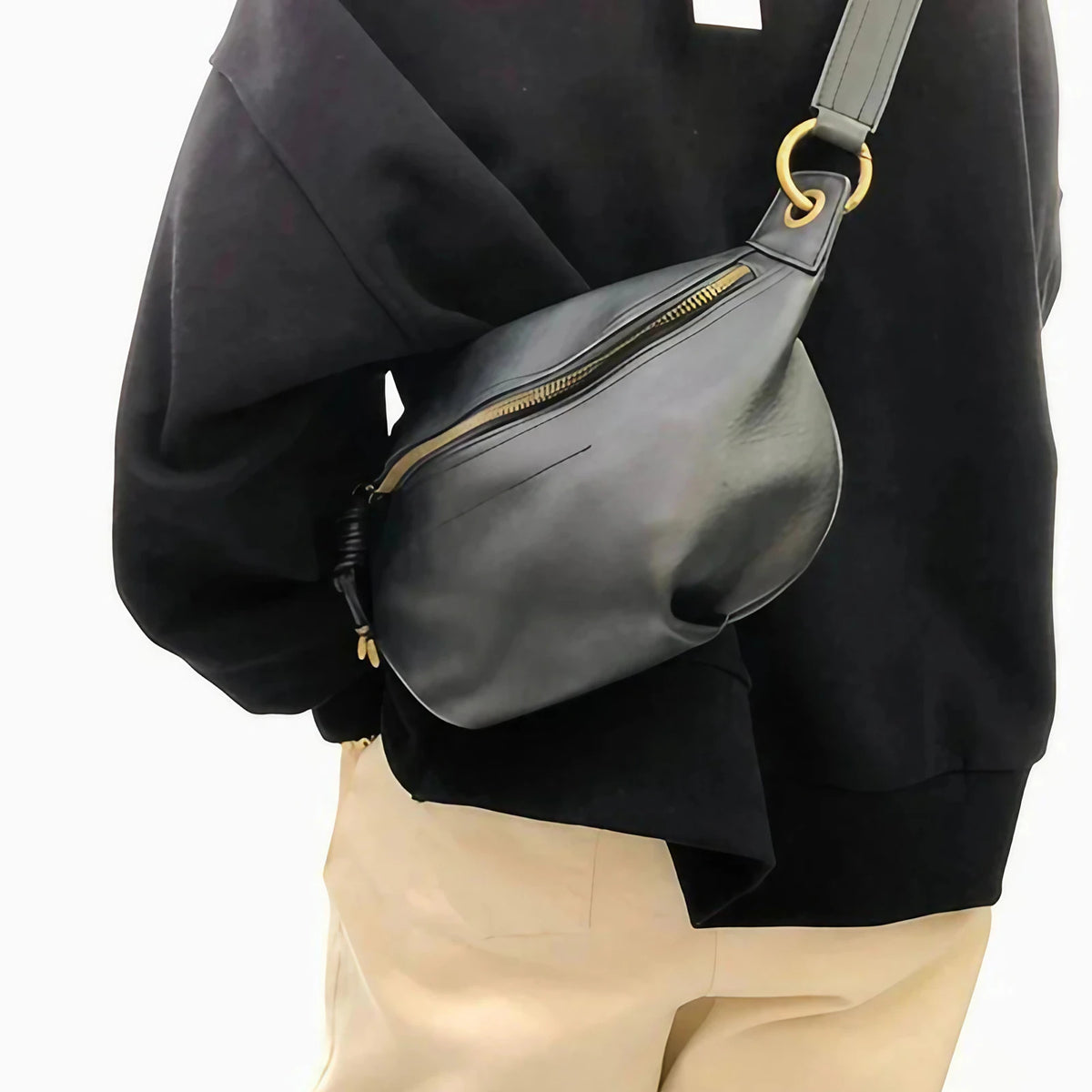 Sac banane femme noir en cuir, 30 x 20 cm, sangle réglable, noir