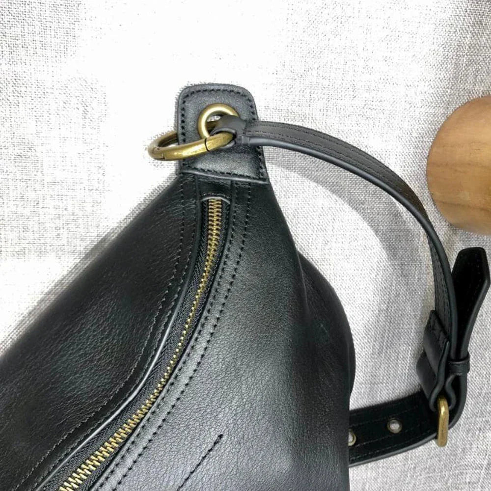 Sac banane femme noir en cuir, 30 x 20 cm, sangle réglable