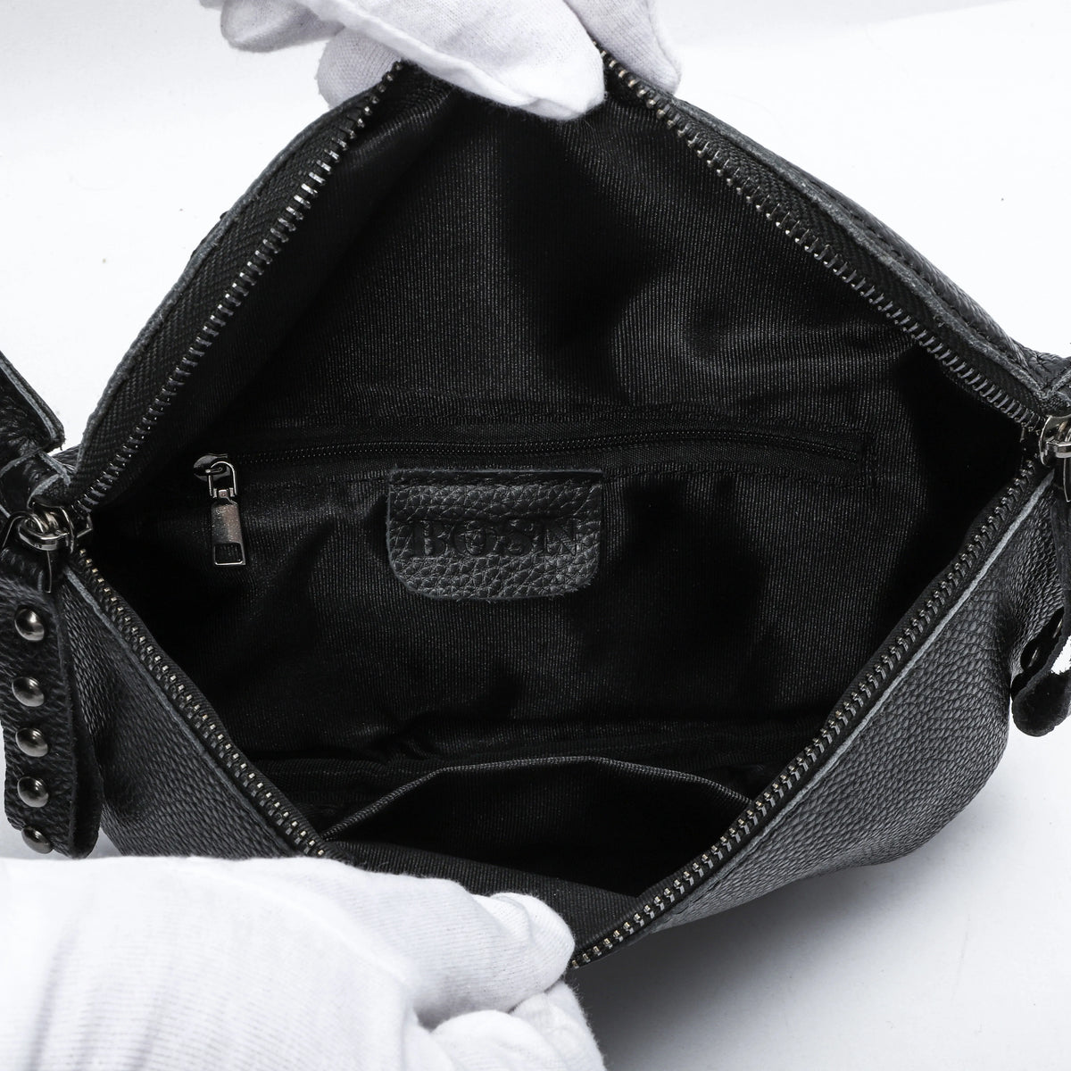 Sac banane femme noir, sangle large à motifs flèche, 23 x 13 cm