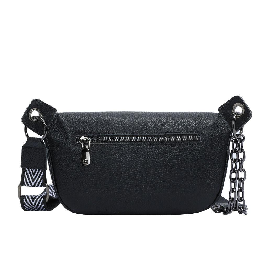 Sac banane femme noir, sangle large à motifs flèche, 23 x 13 cm