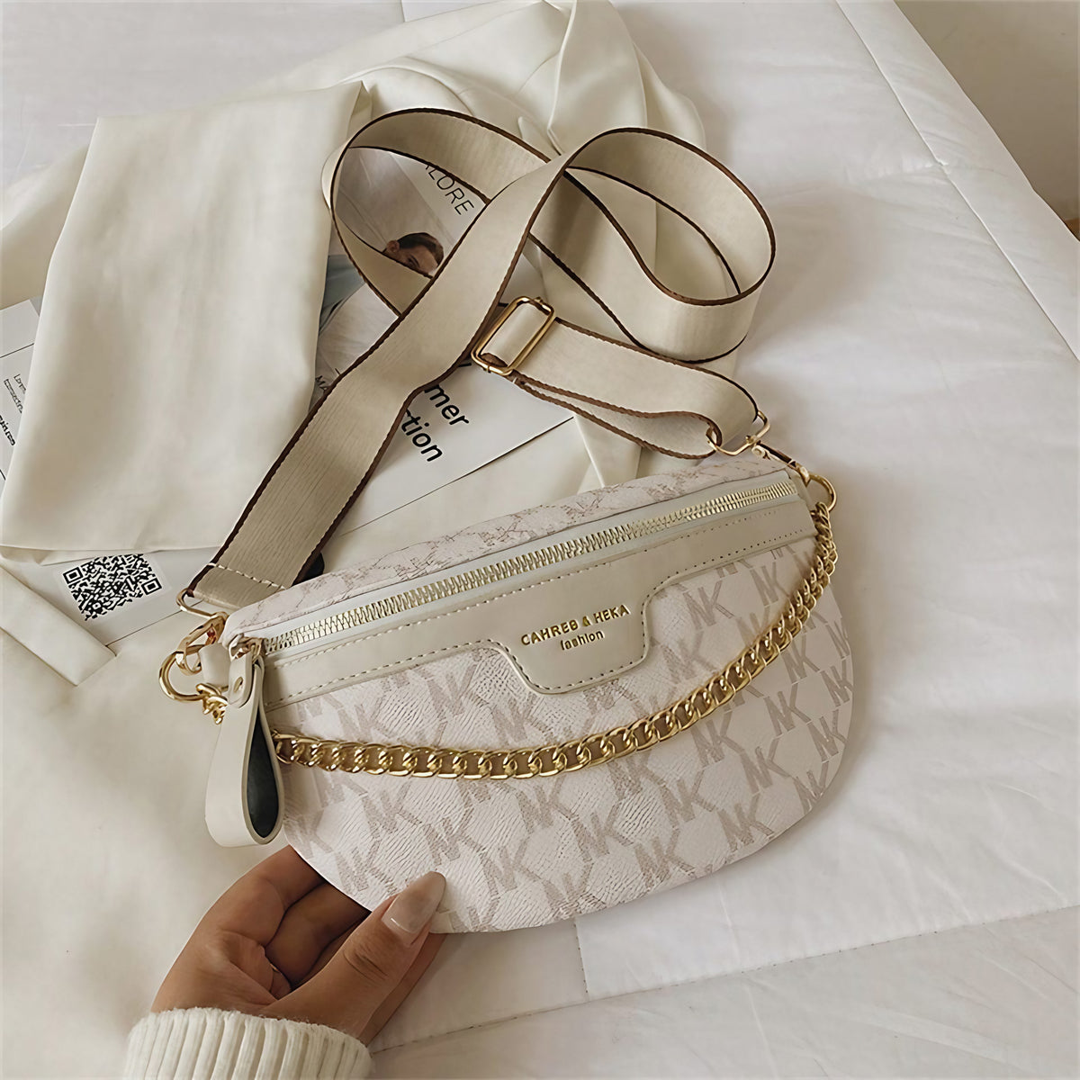 Sac banane femme en similicuir, sangle réglable, cinq coloris, blanc